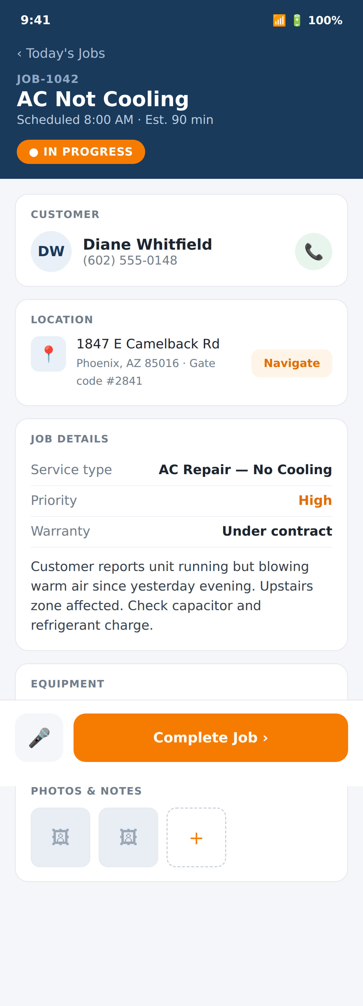 Dispatch Ape technician phone view showing job details and check-in